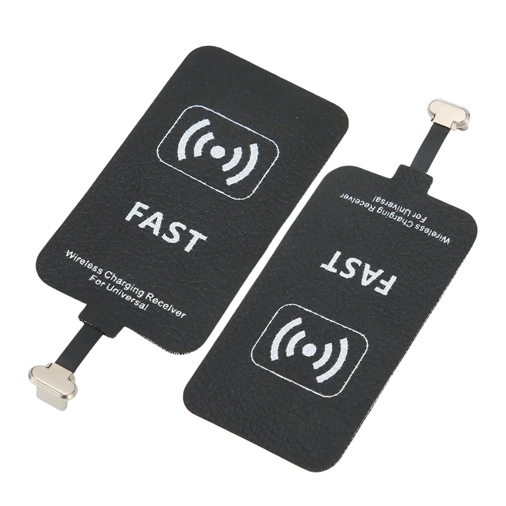 Black wireless charging receiver type c 10w pad with white fast branding and qi symbol featuring flexible connectors