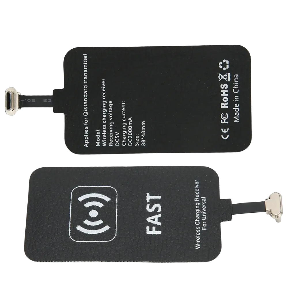 Black rectangular wireless charging receiver type c 10w fast with metallic connector and white printed text and symbols