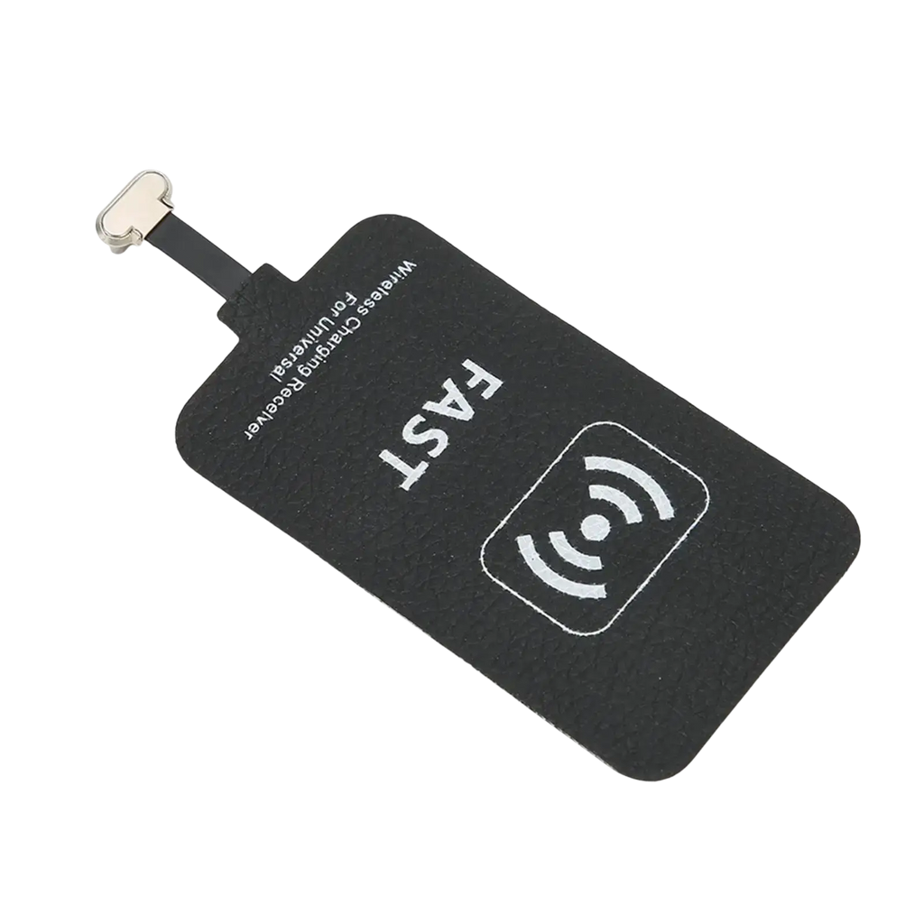 Black rectangular wireless charging receiver type c 10w fast with metallic connector and white wi-fi symbol for wireless charging