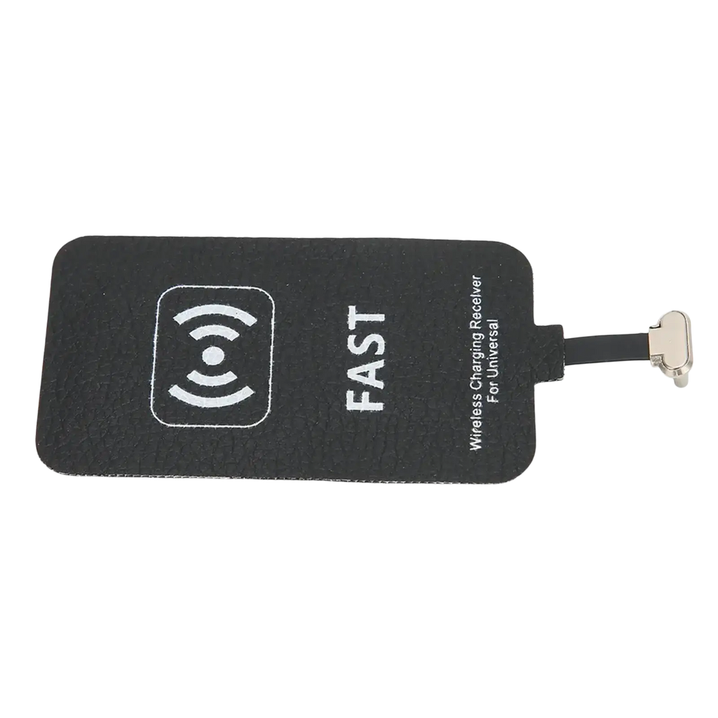 Black rectangular wireless charging receiver with white fast branding and metallic type c connector for 10w wireless charging
