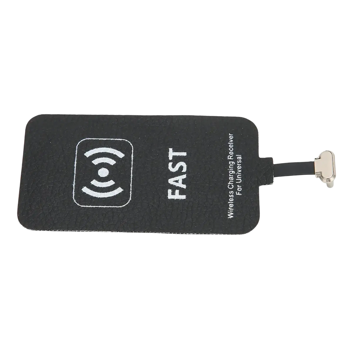 Black rectangular wireless charging receiver with white fast branding and metallic type c connector for 10w wireless charging