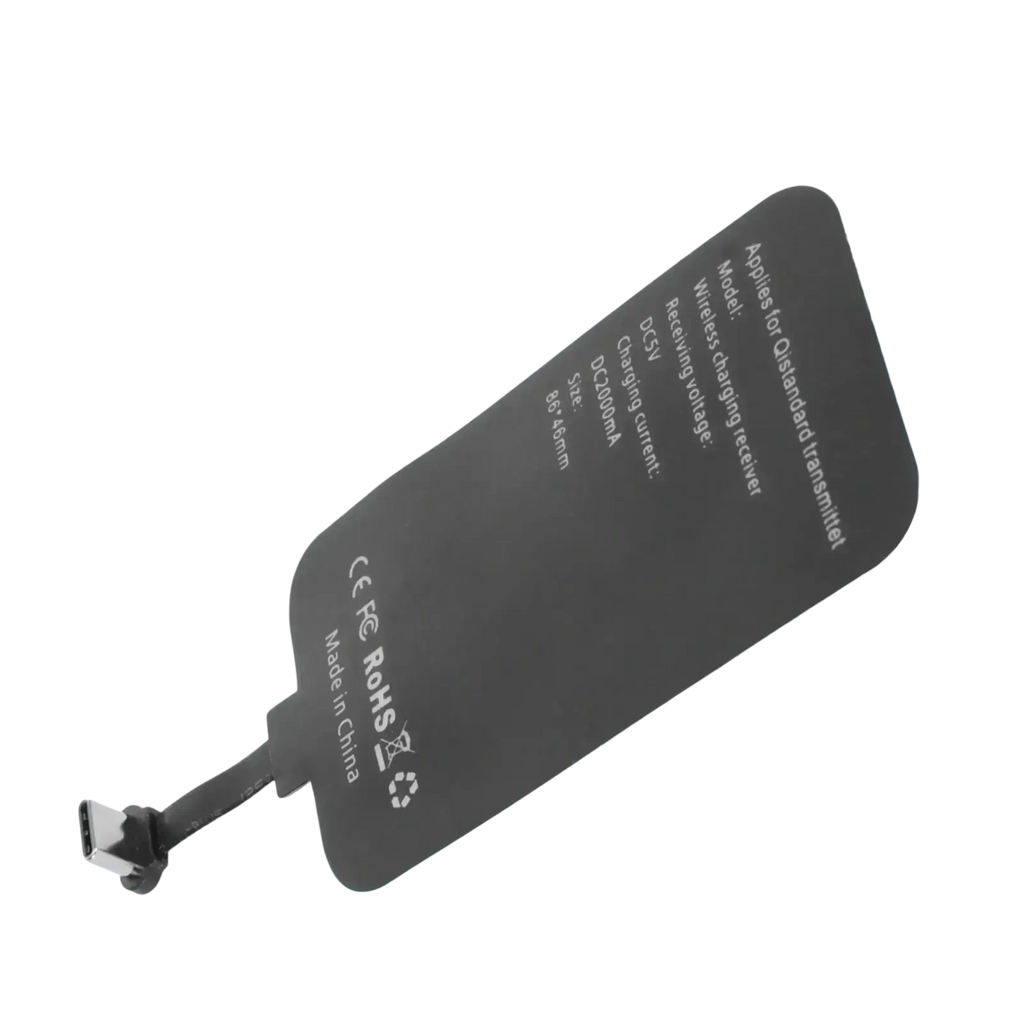 Black wireless charging receiver type-c with matte finish and printed specifications for 10w fast wireless charging