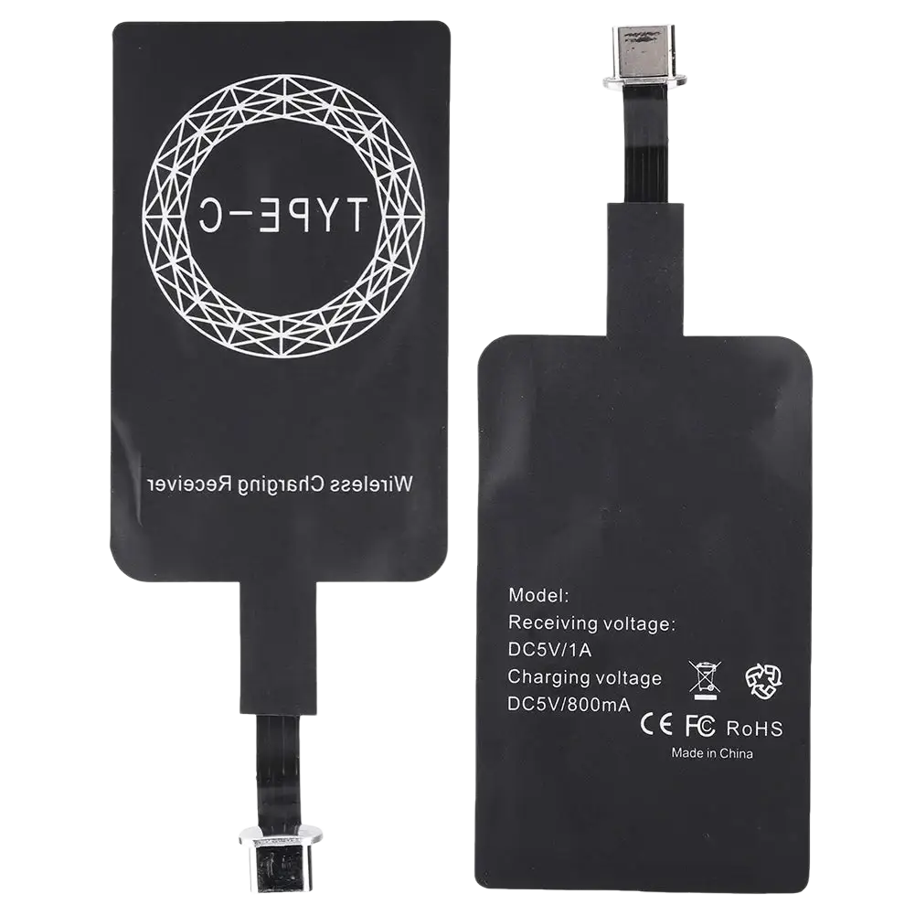 Black wireless charging receiver type c android phone with white geometric type c logo and usb type c connector