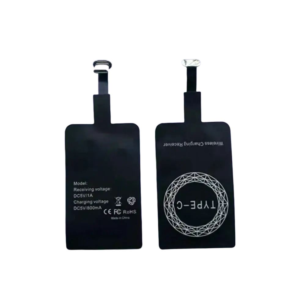 Black wireless charging receiver with type-c port and metallic loop for Android phone wireless charging convenience