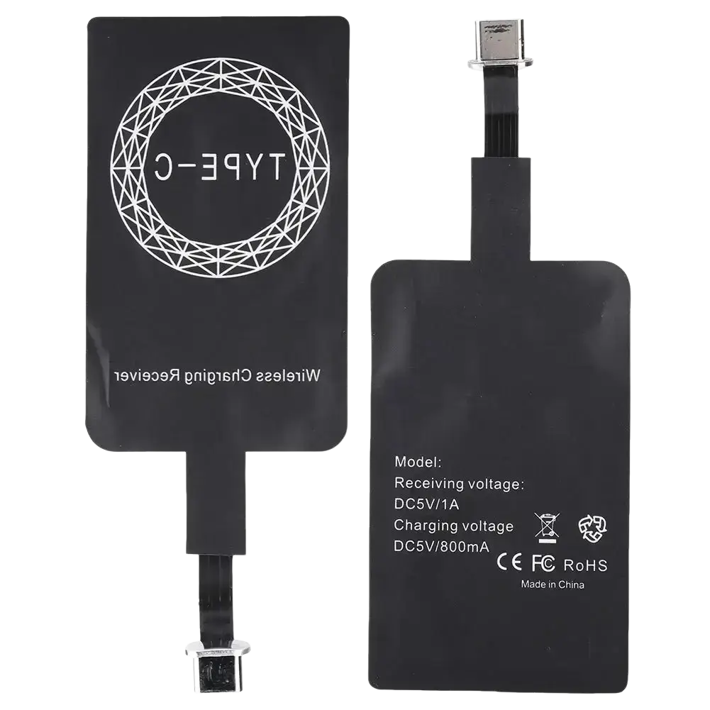 Black wireless charging receiver type c with white geometric logo and usb type-c connector for android phone charging