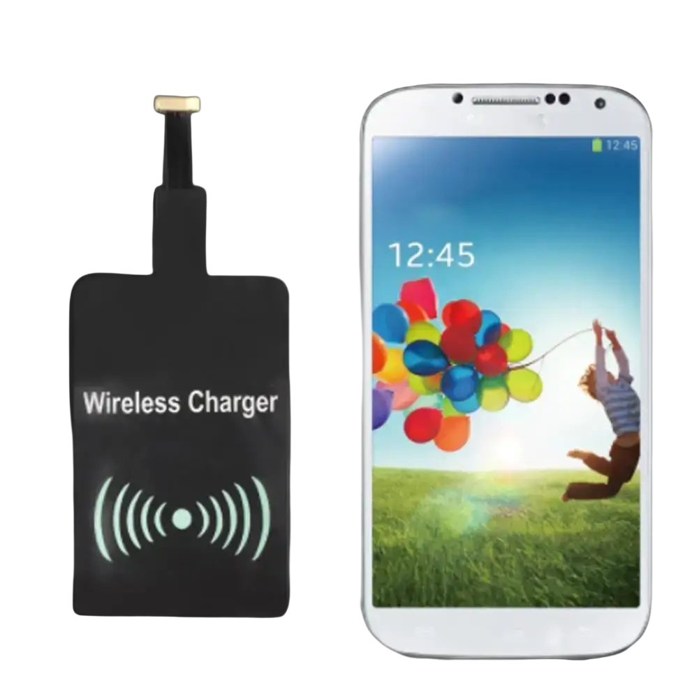 Black wireless charging receiver patch with white text and symbol for type c android phone wireless charging use