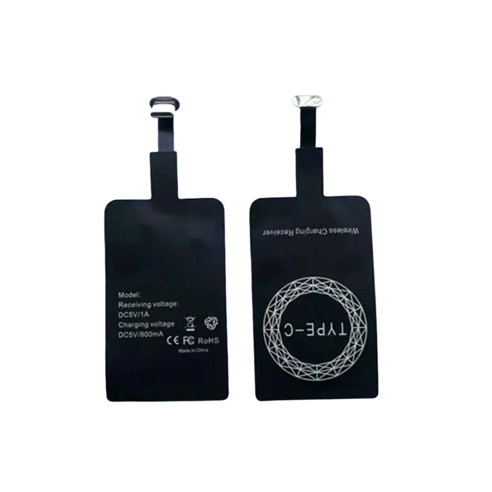 Black rectangular wireless charging receiver with type-c connector and white printed text for android phone charging receiver