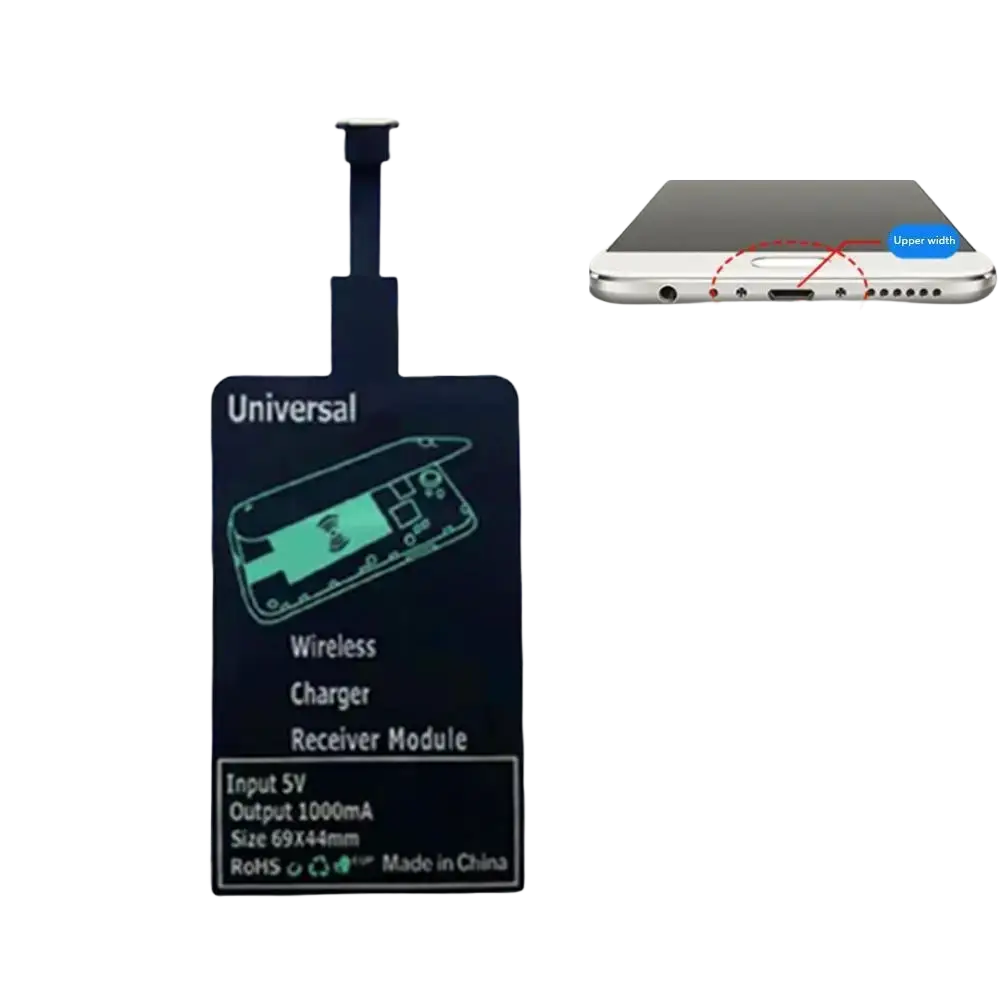 Black rectangular wireless charging receiver module with flexible antenna and printed specifications for type c android phones