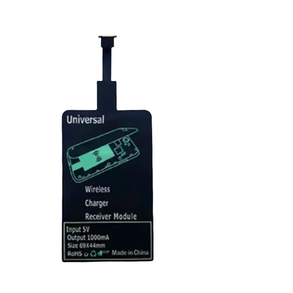 Black universal wireless charging receiver type c module with slim flexible design and printed specifications for android phones