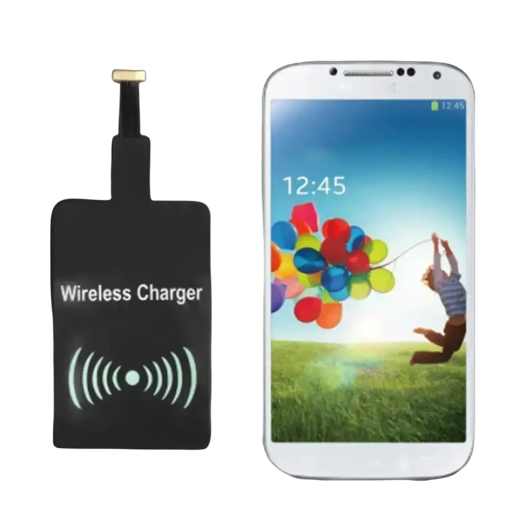 White samsung galaxy s4 with colorful balloon wallpaper next to black wireless charging pad for wireless charging receiver use