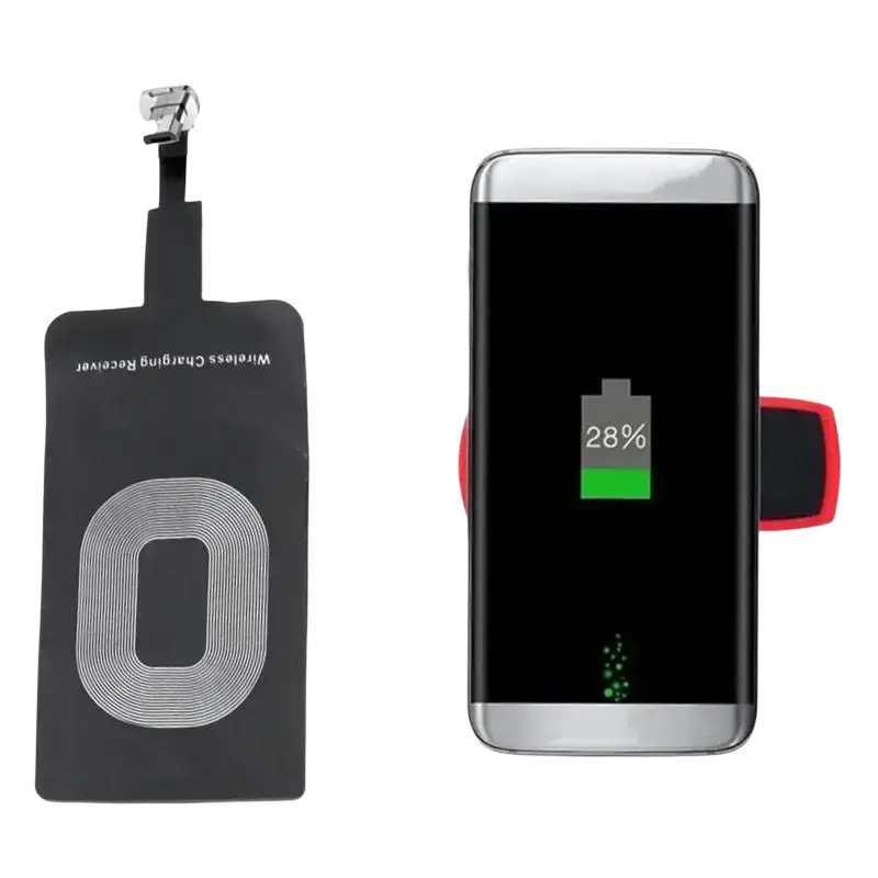 Black wireless charging receiver with silver coil pattern and red magnetic phone holder for type c android phones