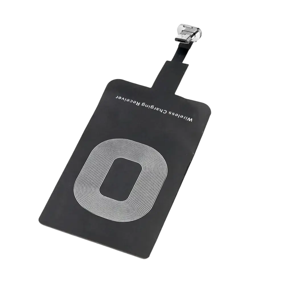 Black wireless charging receiver for type c android phones with silver metallic coil and matching clip on the back side