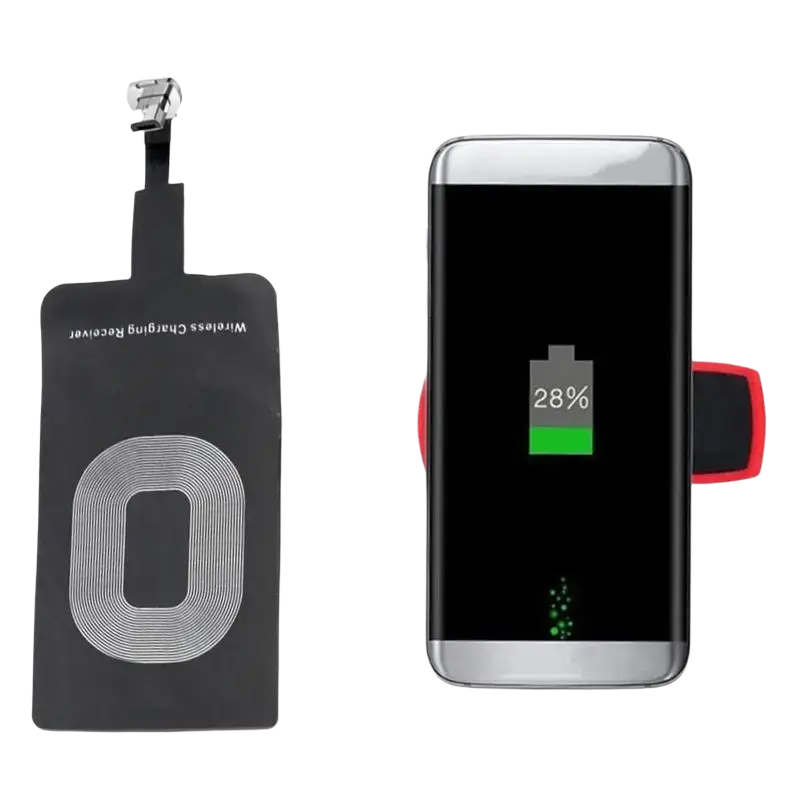 Black wireless charging receiver for type c android phones with silver coil design and metallic clip attachment