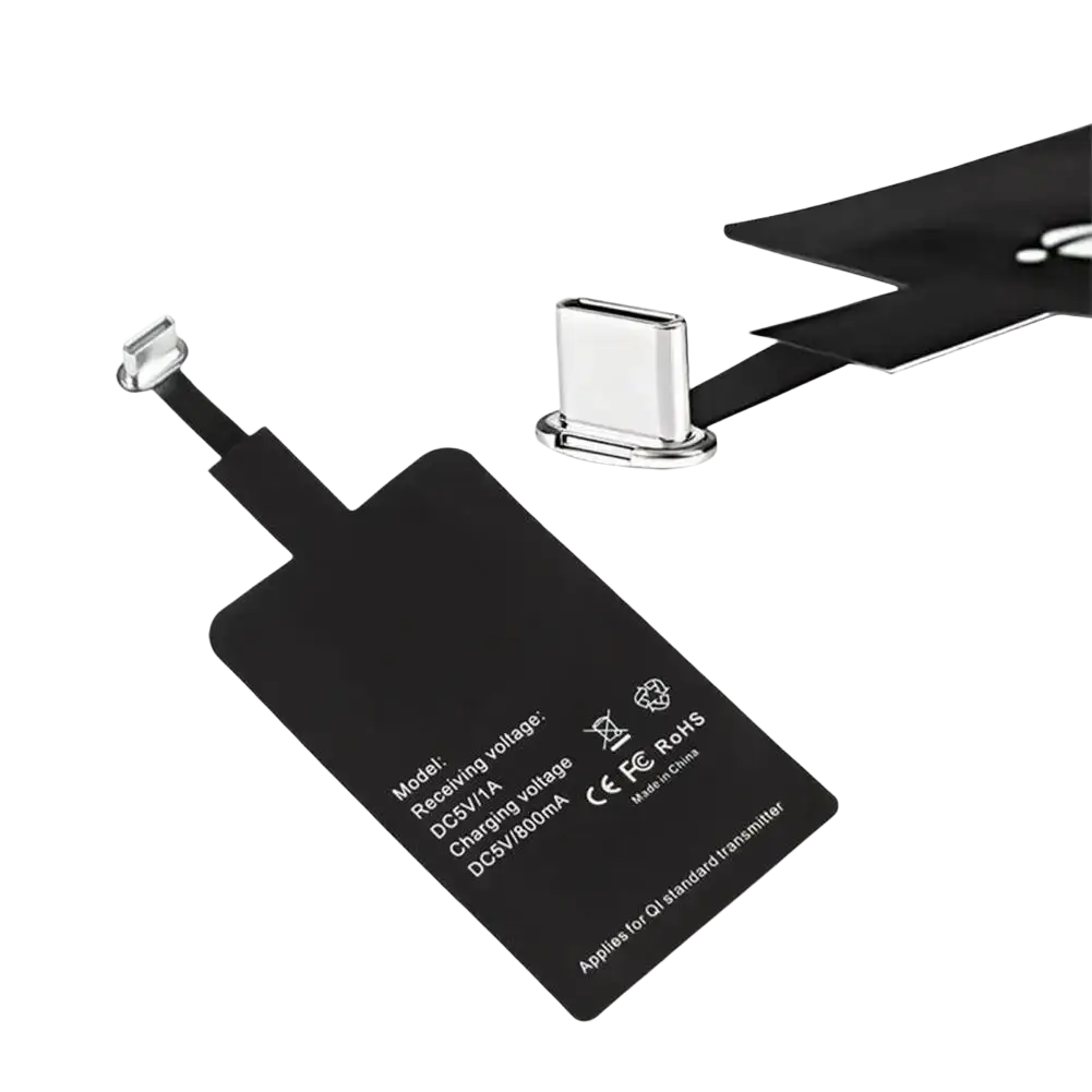 Black wireless charging receiver pad with silver USB-C connector and printed specs for type c Android phones
