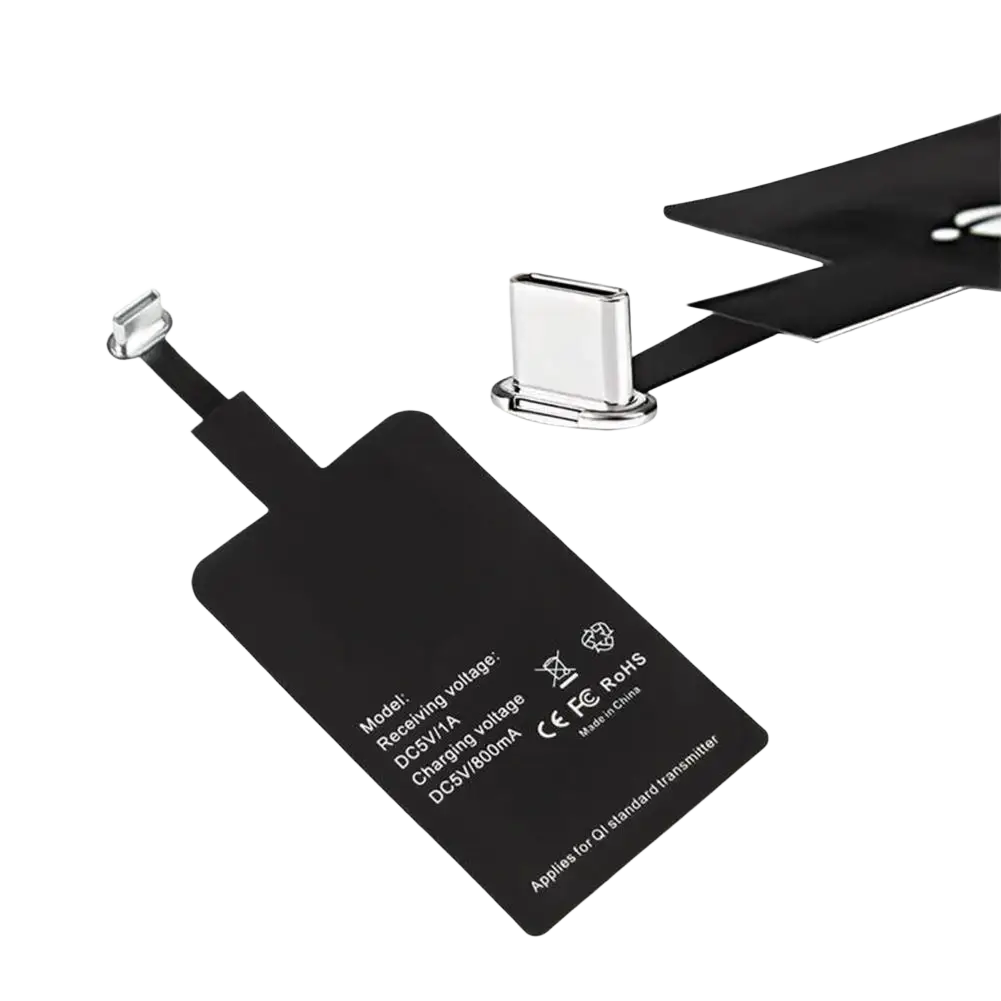 Black wireless charging receiver with type-c connector and silver magnetic attachment for android phones