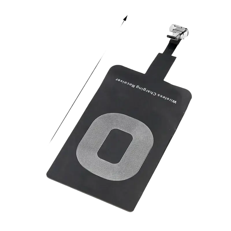 Black rectangular wireless charging receiver for type c android phones with silver coil pattern and metallic connector