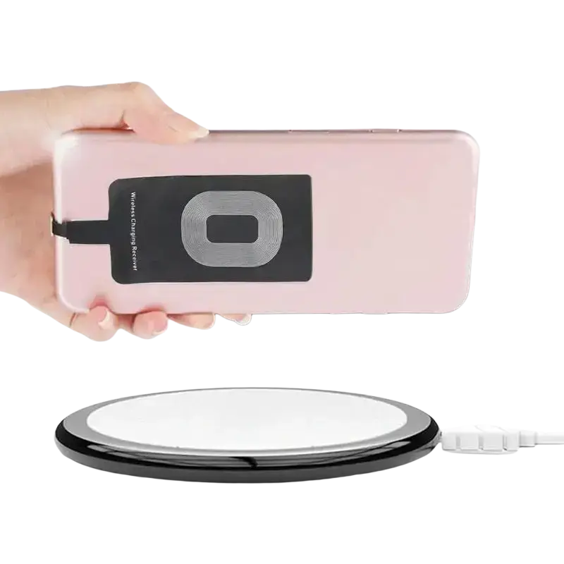 Pink phone case with black wireless charging receiver attached on the back for type c android phones wireless charging