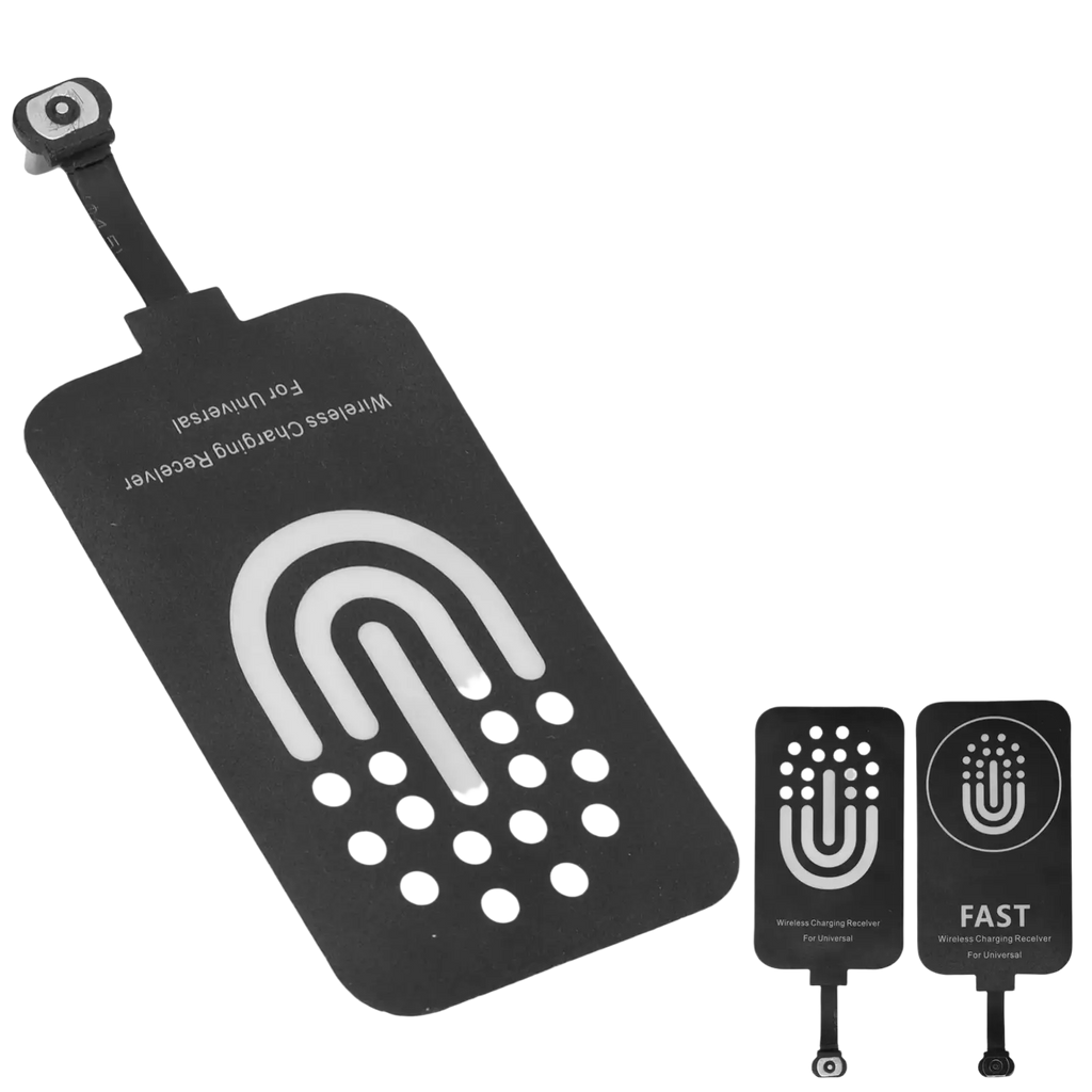 Black wireless charging receiver with type c interface featuring white fingerprint logo for mobile phone wireless charging