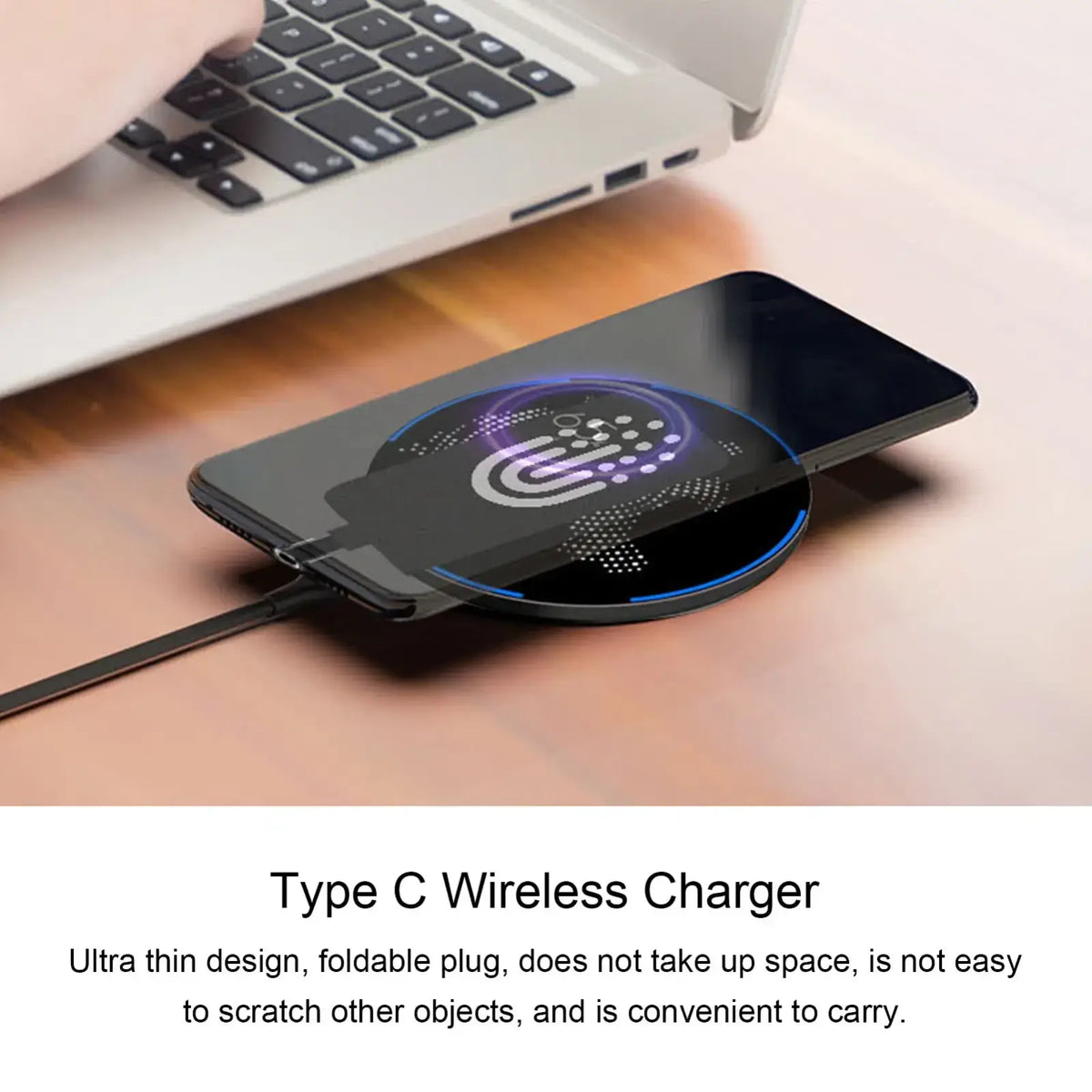 Black circular wireless charging receiver with glowing blue and purple led light pattern for type c interface mobile phone