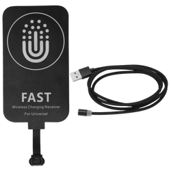 Black rectangular wireless charging receiver with fast branding and type c interface with black braided usb cable for mobile phone