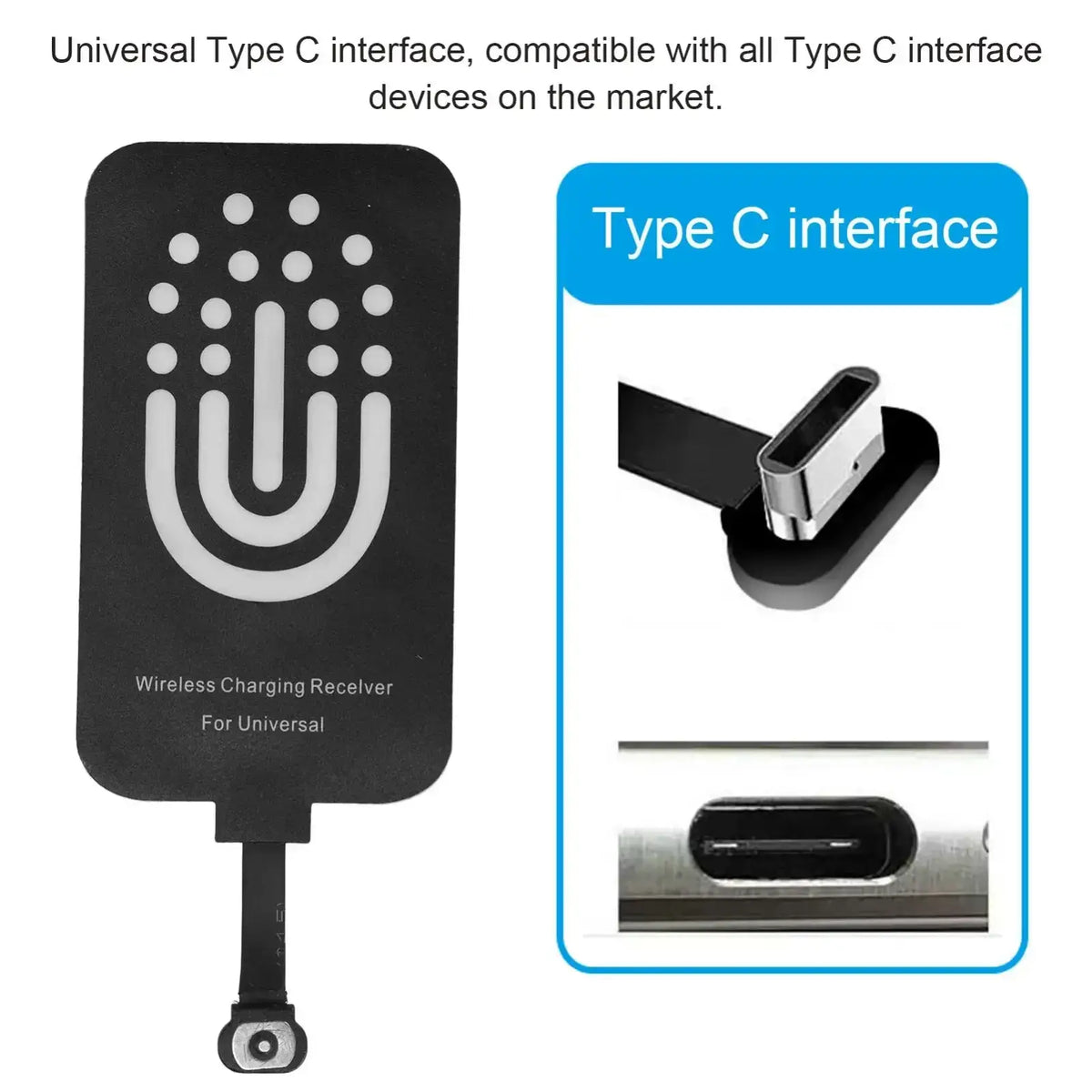Black wireless charging receiver with silver fingerprint pattern and flexible cable for type c interface mobile phone use