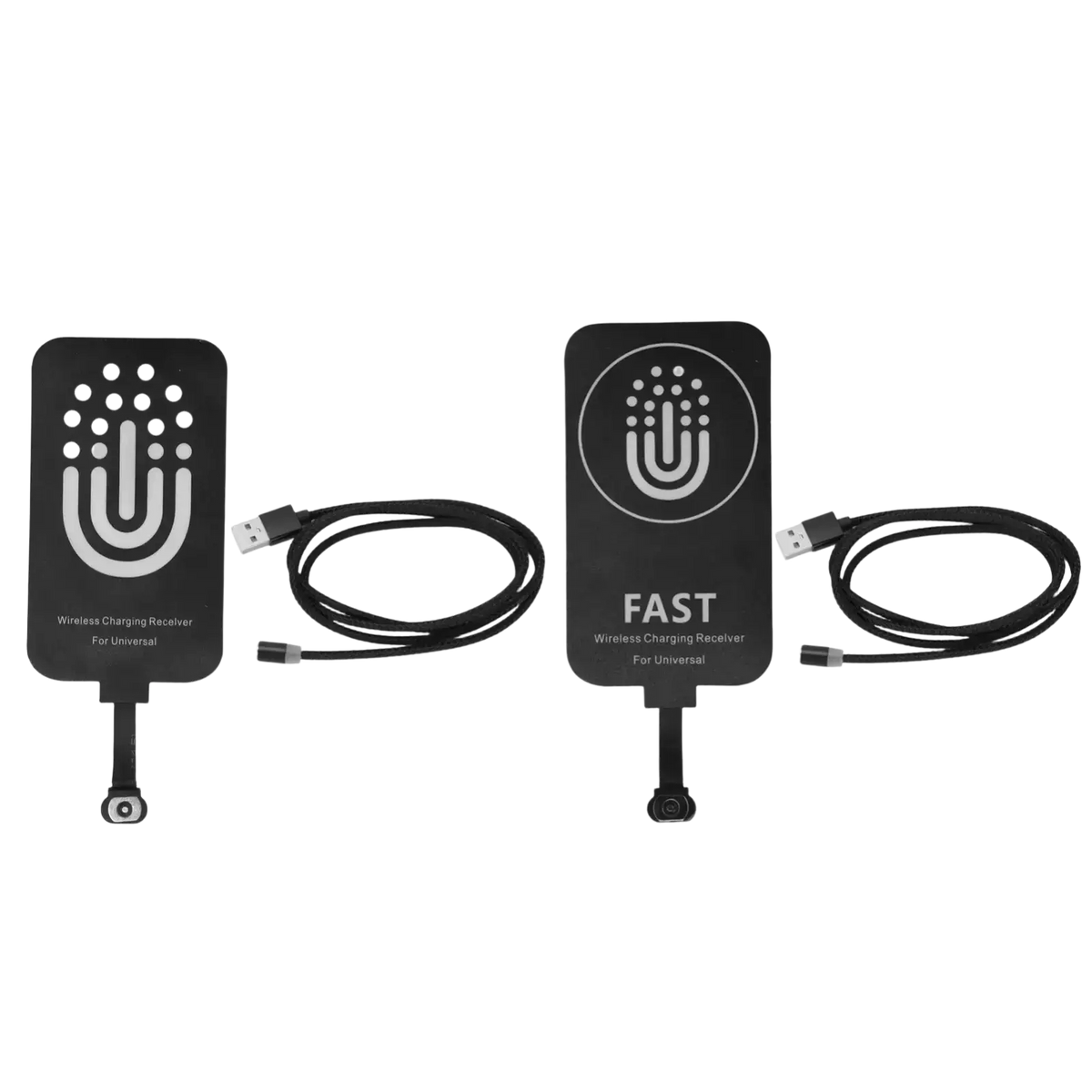 Black wireless charging receivers with white logo and type c interface usb cables for mobile phone charging
