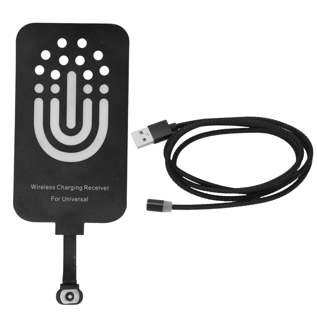 Black wireless charging receiver with white logo and perforated top paired with black usb cable for type c interface mobile phone