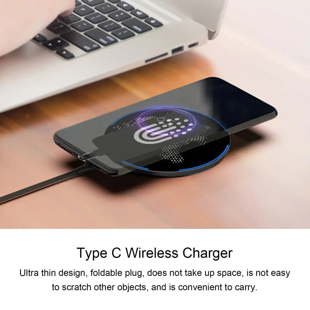 Black wireless charging receiver with type c interface for mobile phone featuring sleek circular design and blue led lights