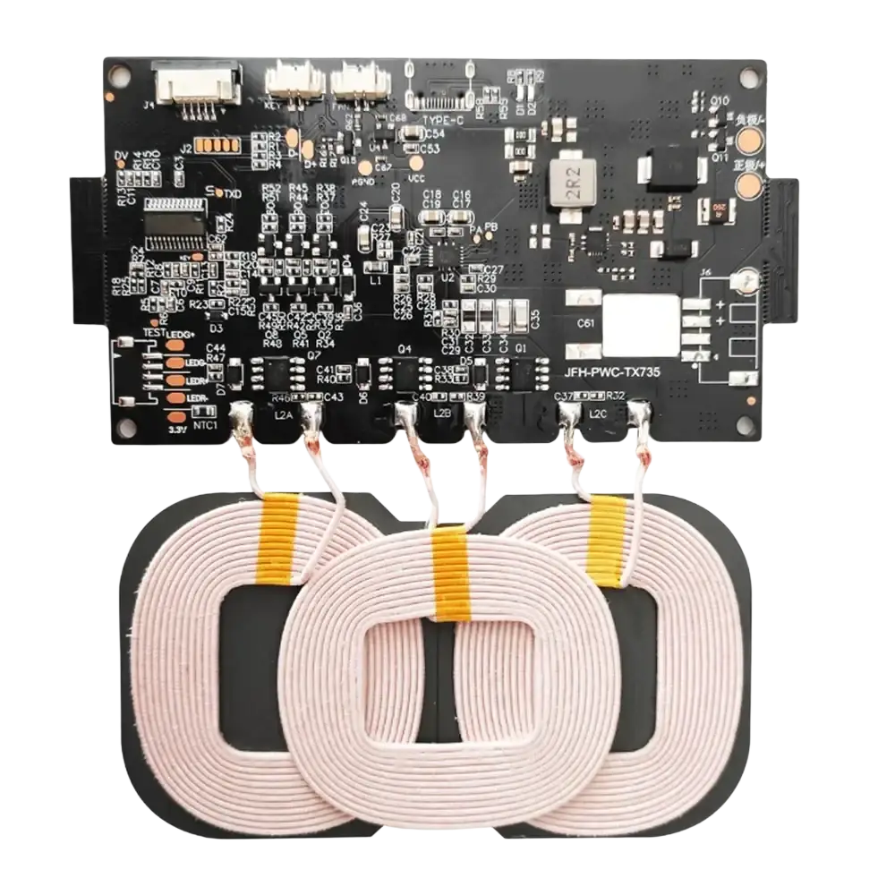 Black wireless charging transmitter module jfh-pwc-tx735 with three pink coils and yellow tape for quick charging wireless