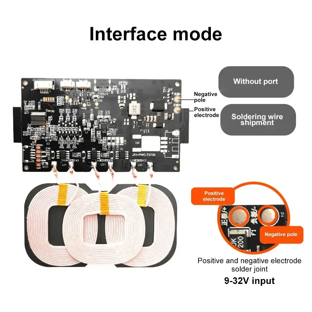 Black electronic circuit board with white coiled inductive coils and yellow wires for 9-32v input wireless charging quick charging wireless transmitter module