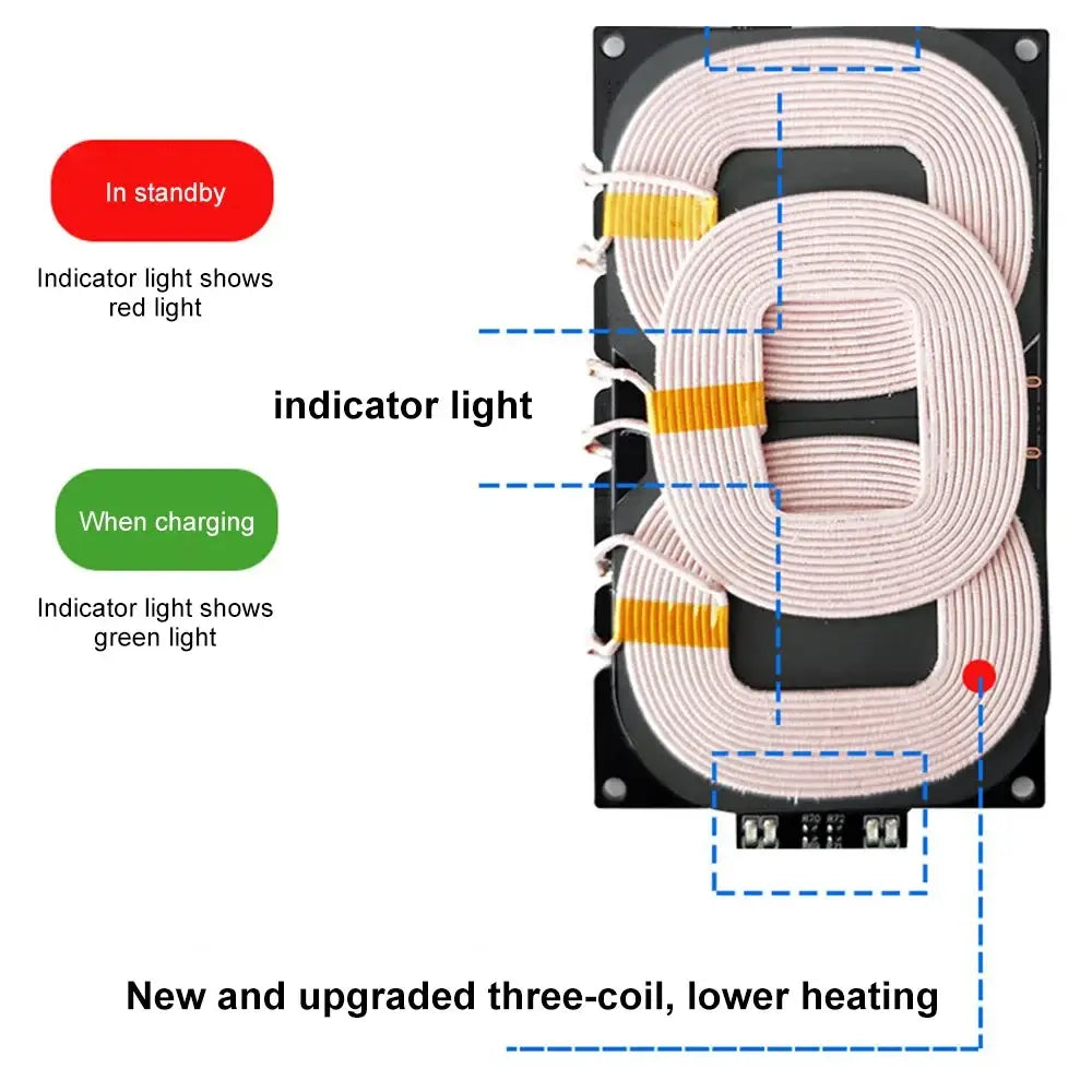 Black rectangular wireless charging transmitter module with three white cables and standby red and charging green lights for quick charging wireless use