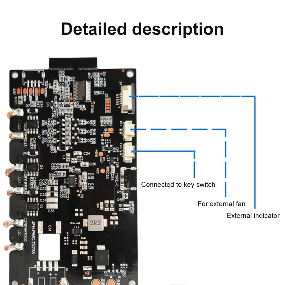 Black rectangular electronic control board for wireless charging transmitter module 20w quick charging with labeled points