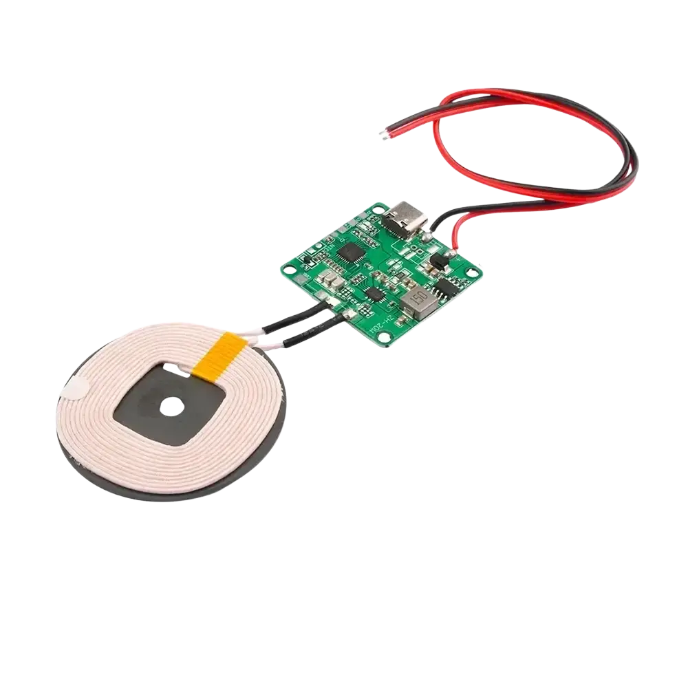 Wireless charging transmitter module with coil and circuit board assembly featuring red and black wires for fast charging