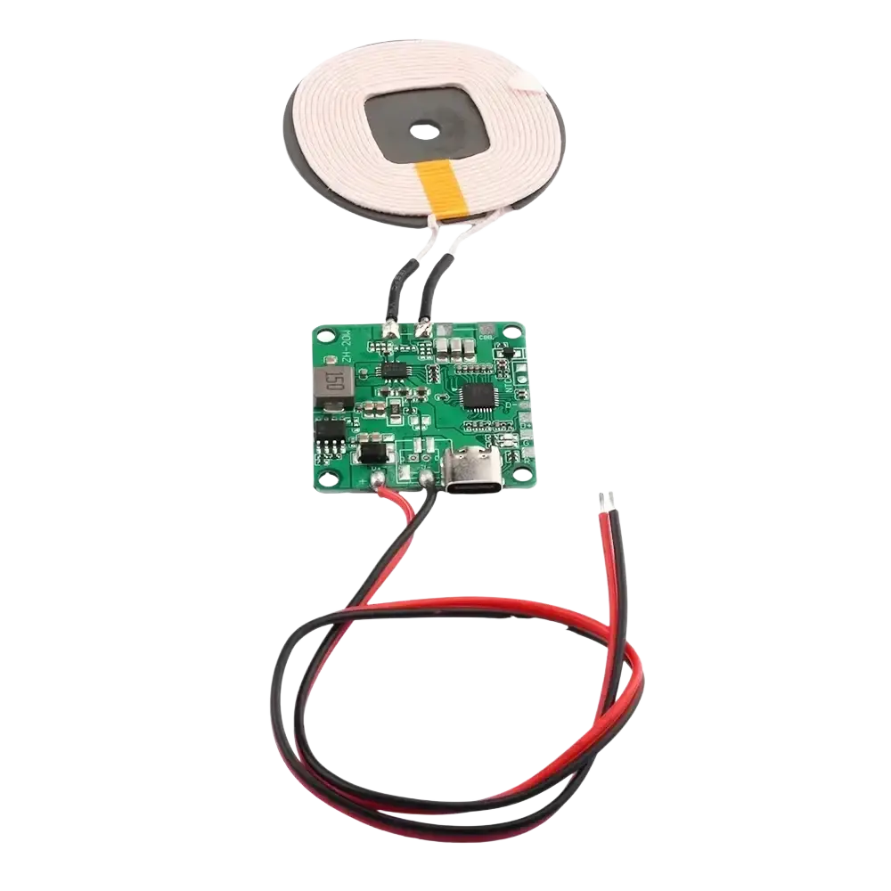 Wireless charging transmitter module circuit board with green pcb, black and red wires, and fast charging coil assembly