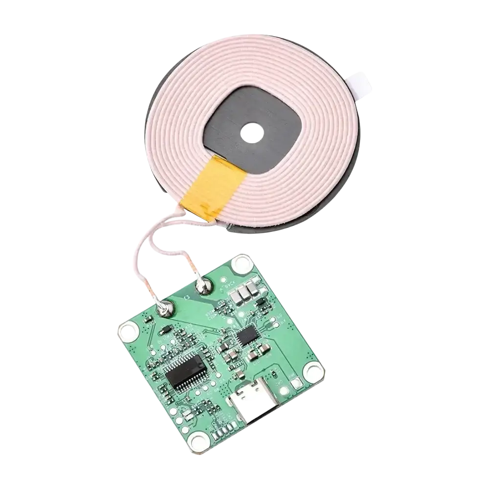 Wireless charging transmitter module with pink coil and black center on green fast charging circuit board