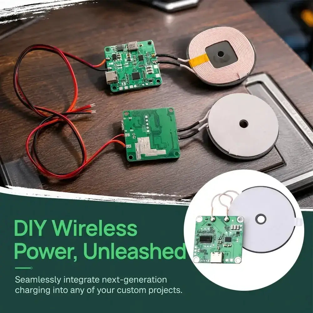 Green circuit board with integrated wireless charging coils and red black wires for fast charging transmitter module