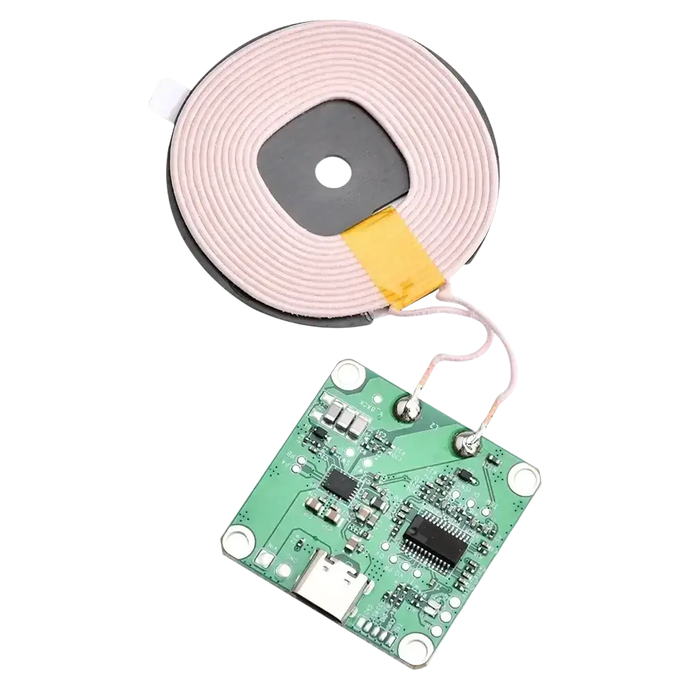 Wireless charging transmitter module with circular light pink coil and black center plate on green fast charging circuit board