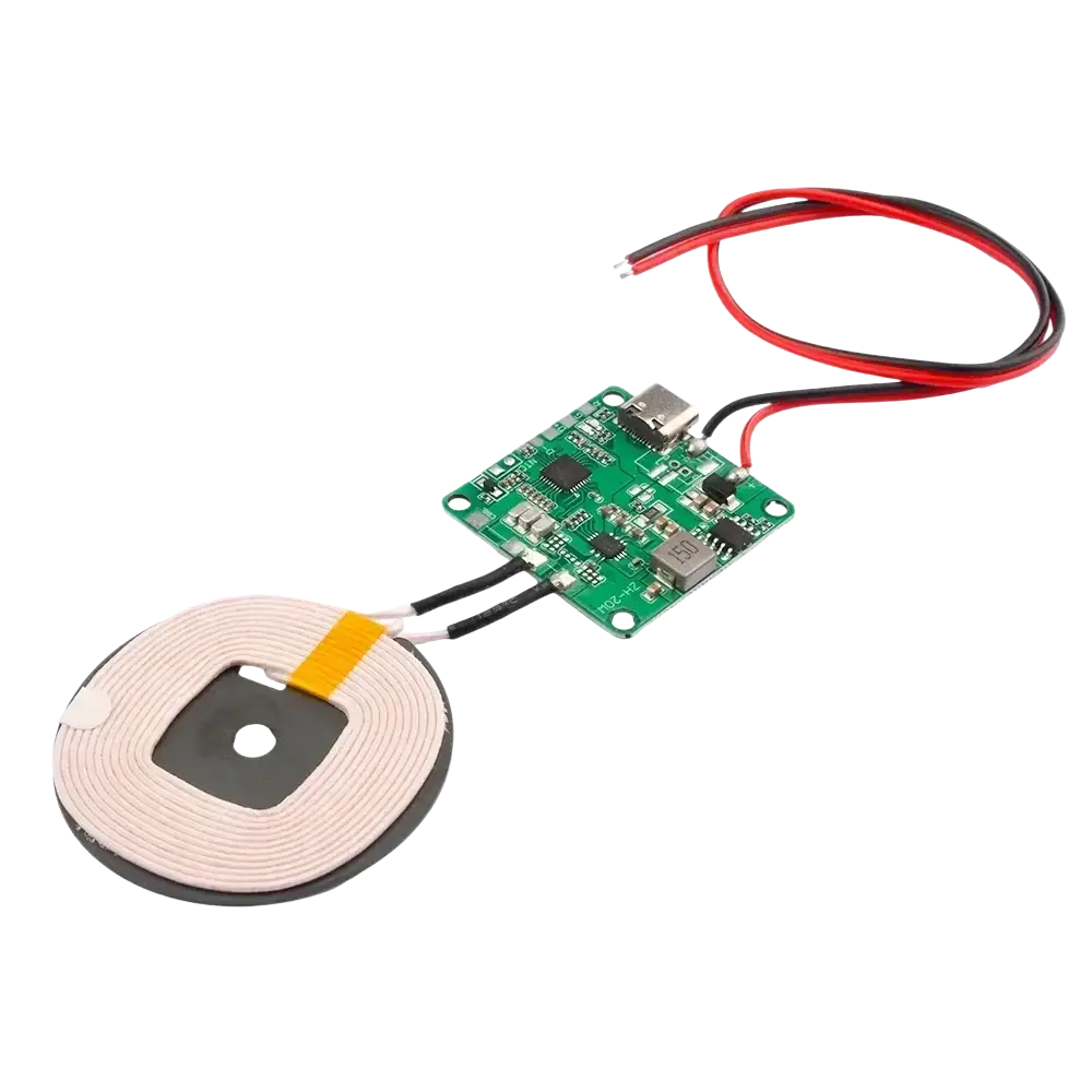 Wireless charging transmitter module with circular coil and green circuit board featuring fast charging wires