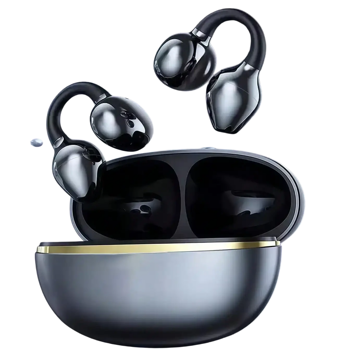 Black glossy wireless clip-on earbuds with sleek curved design and gold-trimmed charging case for optimal charging time and media volume