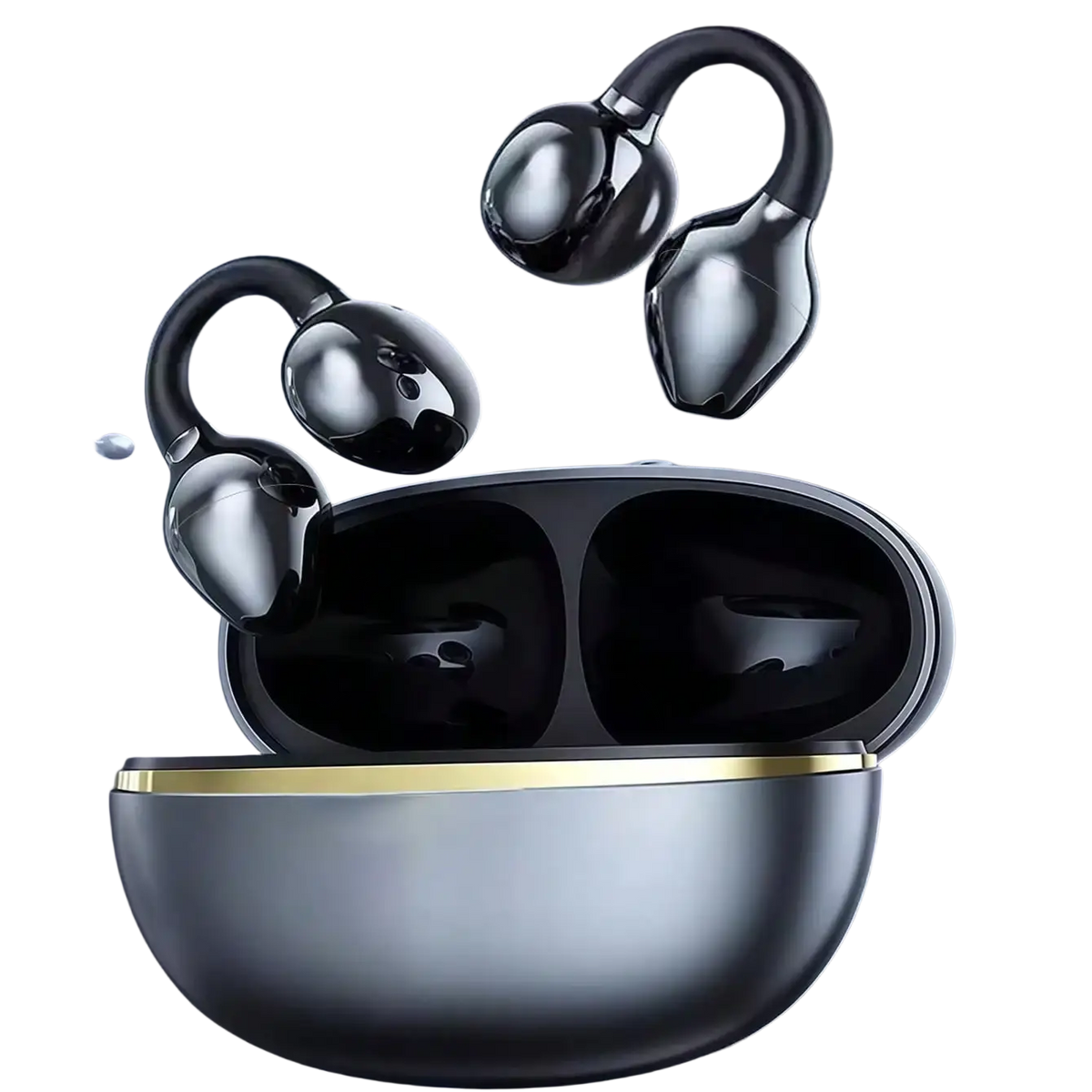 Wireless clip-on earbuds in black and gold with sleek glossy finish and matching charging case for optimal charging time