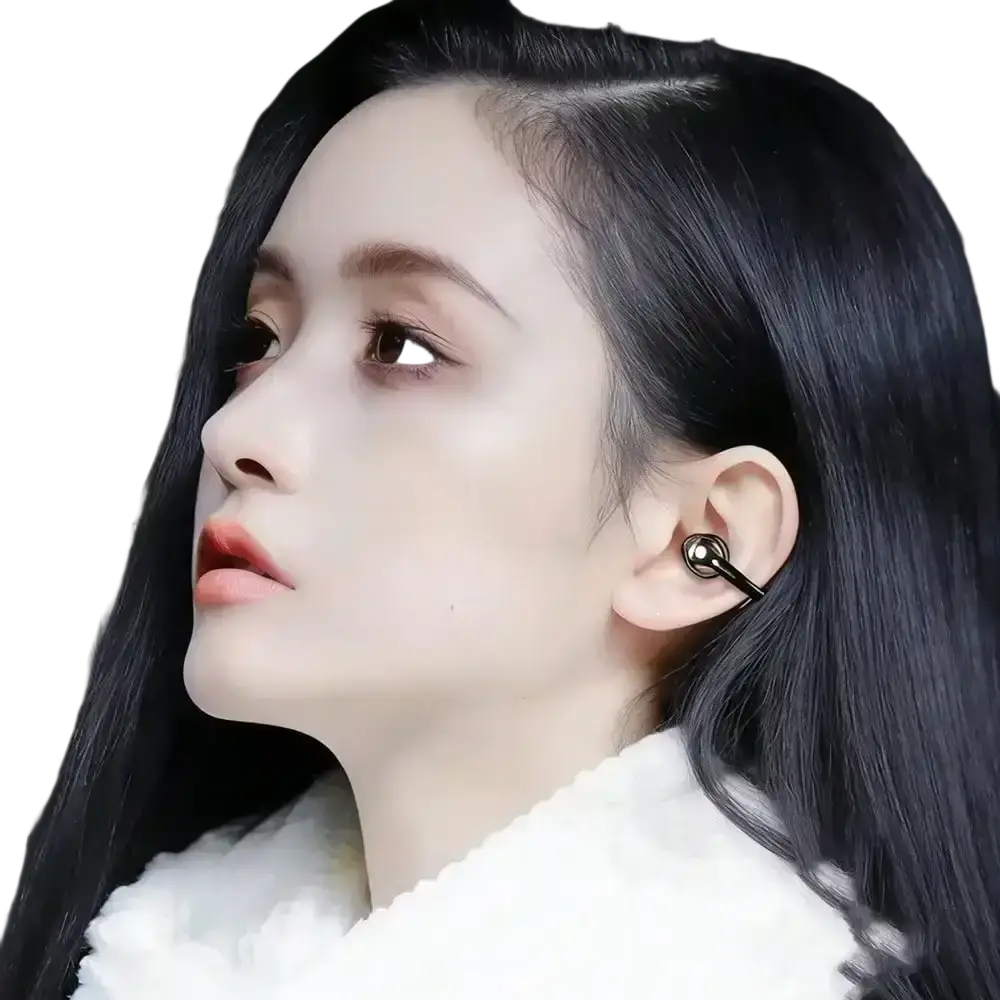 Black metallic ear cuff with sleek minimalist design featured alongside wireless clip-on earbuds with charging case