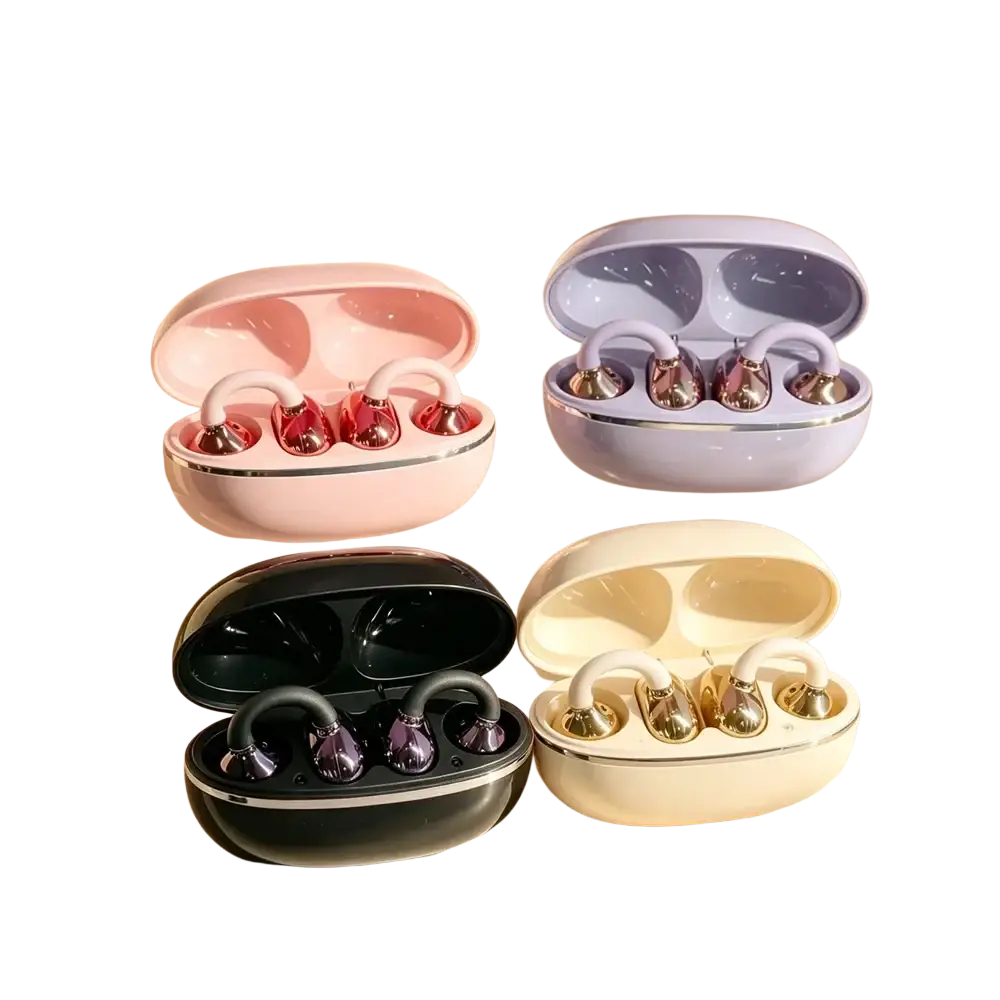 Wireless clip-on earbuds in pastel colors with metallic accents and charging case for media volume and charging time control