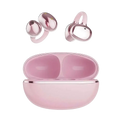 Pink rose gold wireless clip-on earbuds with matching charging case designed for optimal media volume and charging time