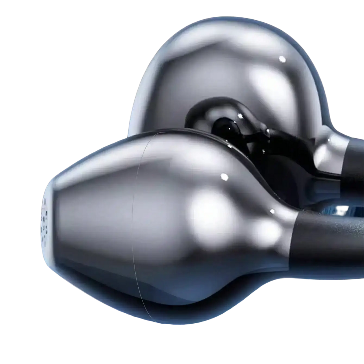 Shiny metallic wireless clip-on earbuds with sleek black textured stems and charging case highlighting media volume and charging time