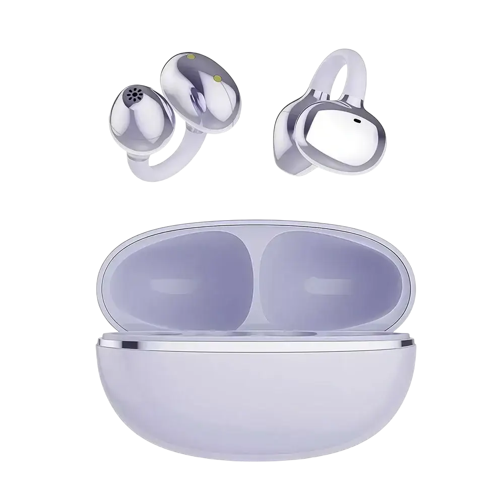 Wireless clip-on earbuds in silver with sleek metallic design and matte white charging case for optimal charging time and media volume
