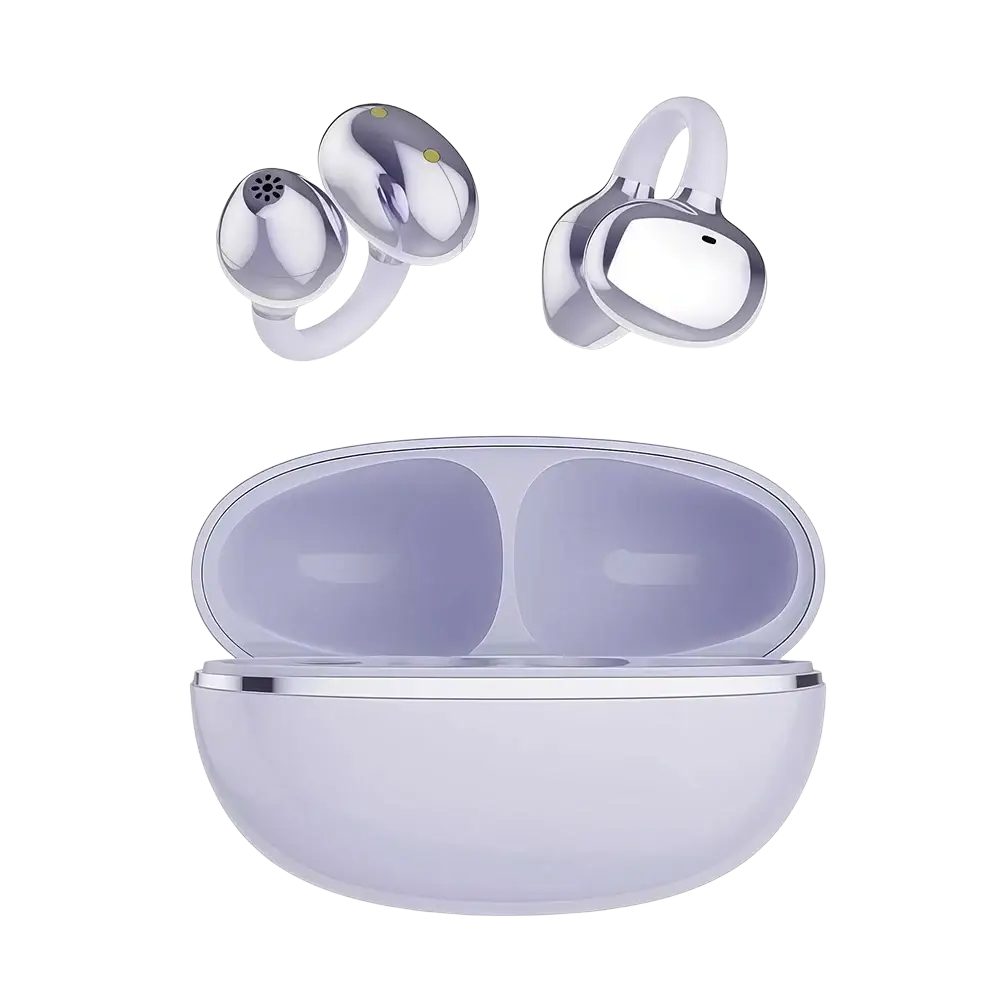 Silver finished wireless clip on earbuds with ergonomic design and lavender charging case optimizing charging time and media volume
