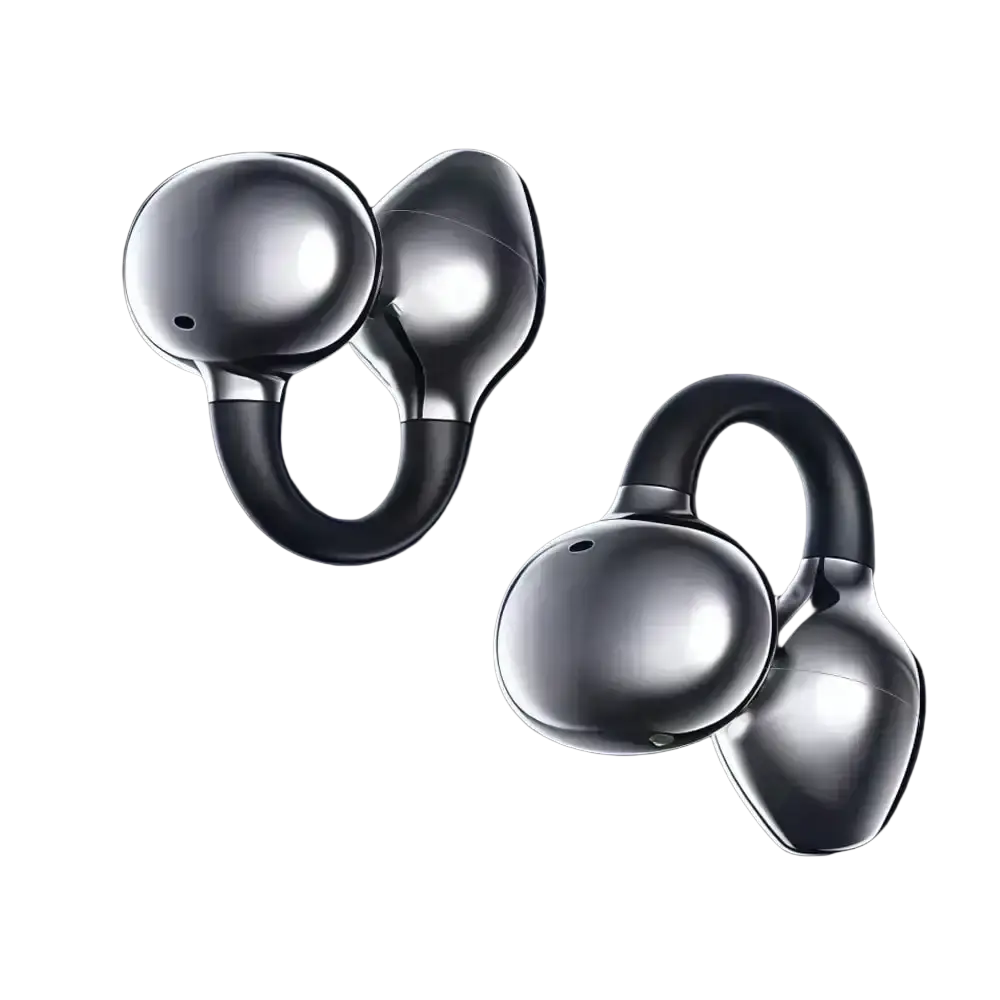 Sleek metallic silver wireless clip-on earbuds with curved stem design and charging case for optimal charging time and media volume