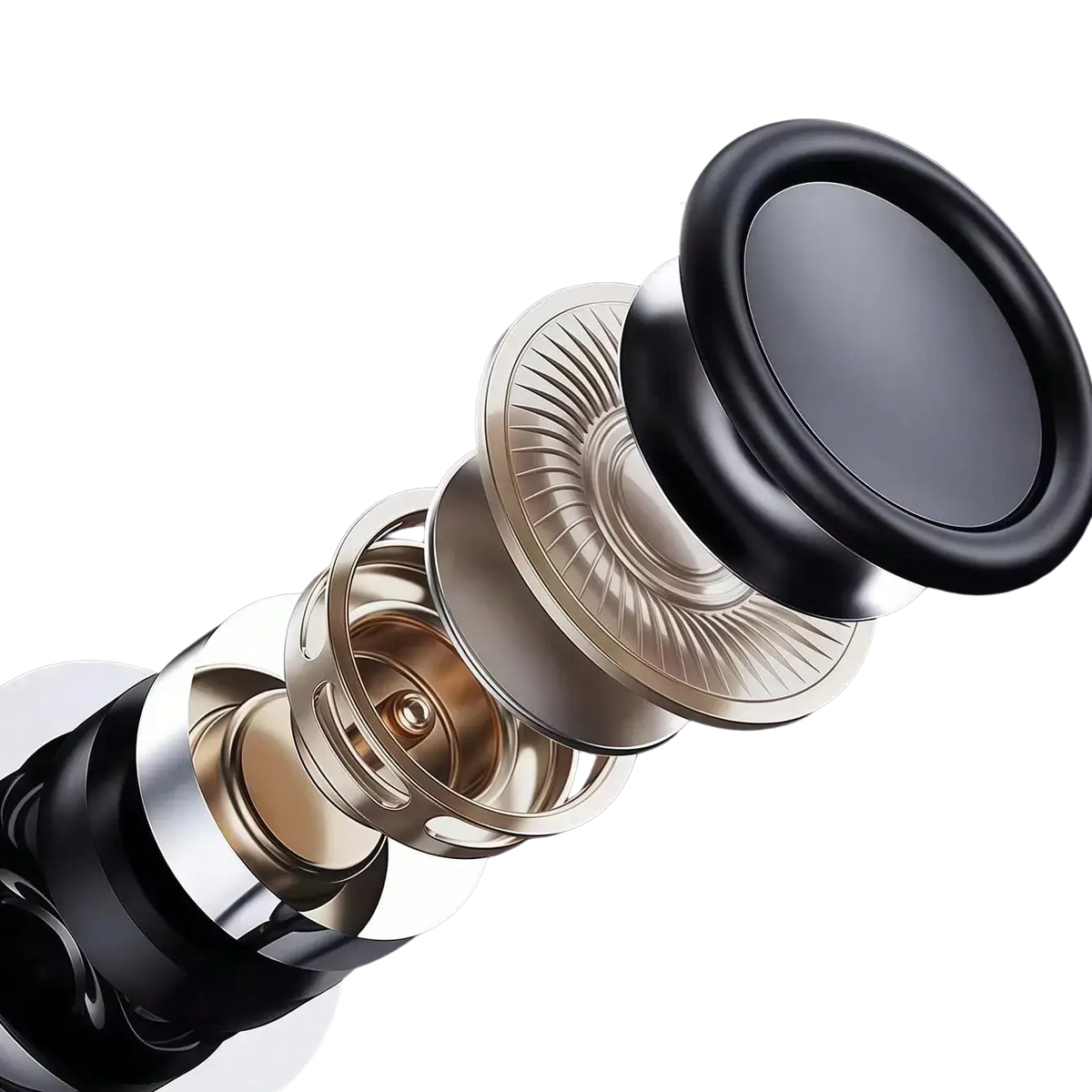 A sleek black cone wireless clip-on earbuds driver with metallic gold and silver parts for optimal media volume and charging case use