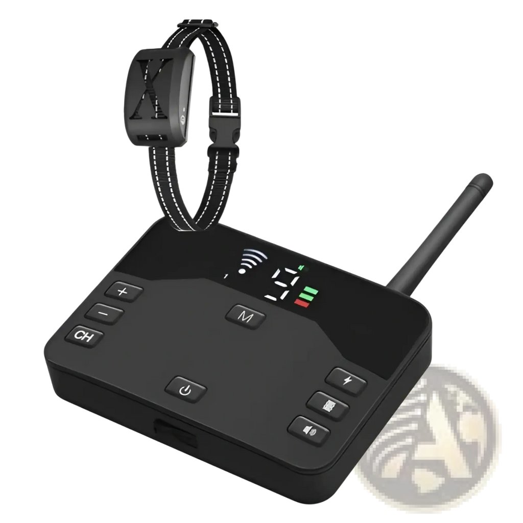 Black wireless dog containment system and training collar with digital control unit and x logo buckle