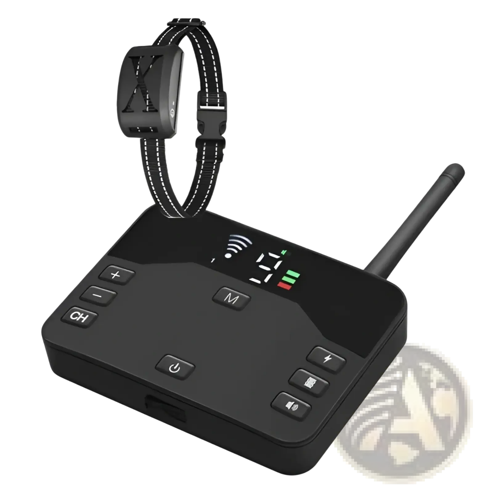 Black wireless dog containment system and training collar with digital control unit and x logo buckle